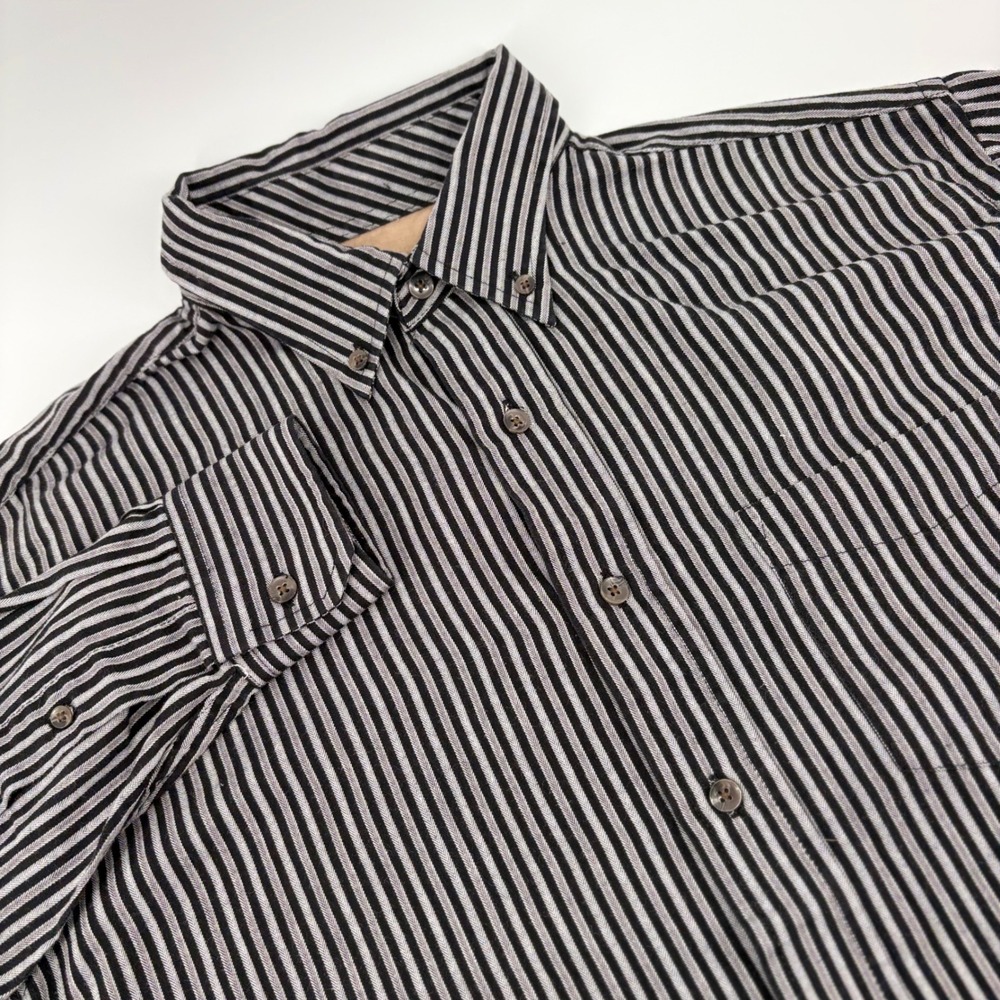 George‎ Mens Medium Black Gray Striped Button Down Long Sleeve Shirt